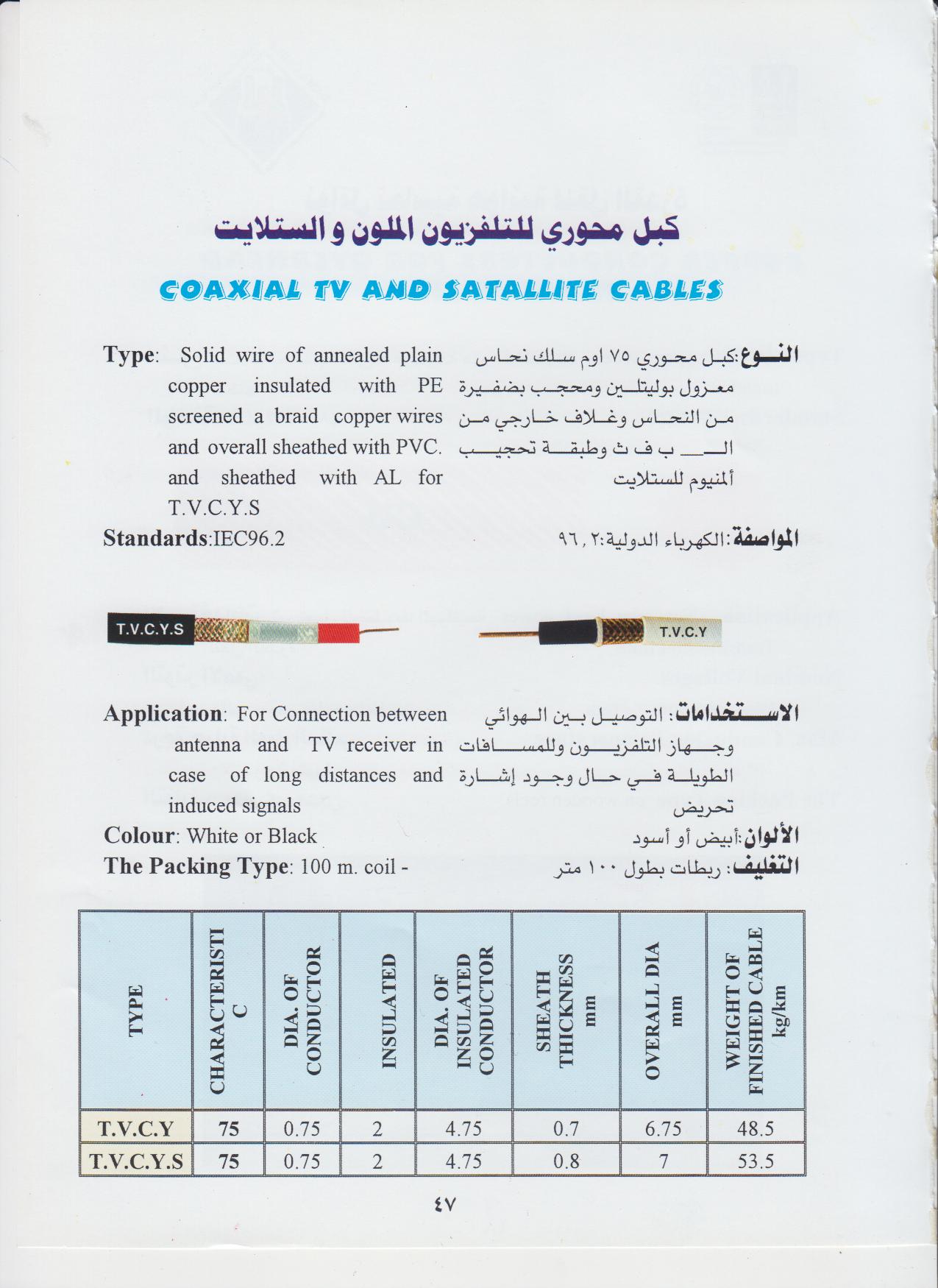 كبل محوري للتلفزيون الملون والستلايت /T.V.C.Y.S/